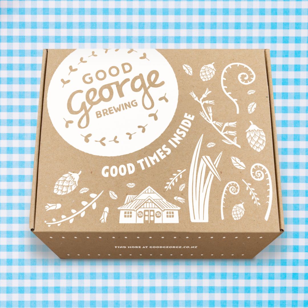 Good George Brewing box with decorative elements on a blue checkered background