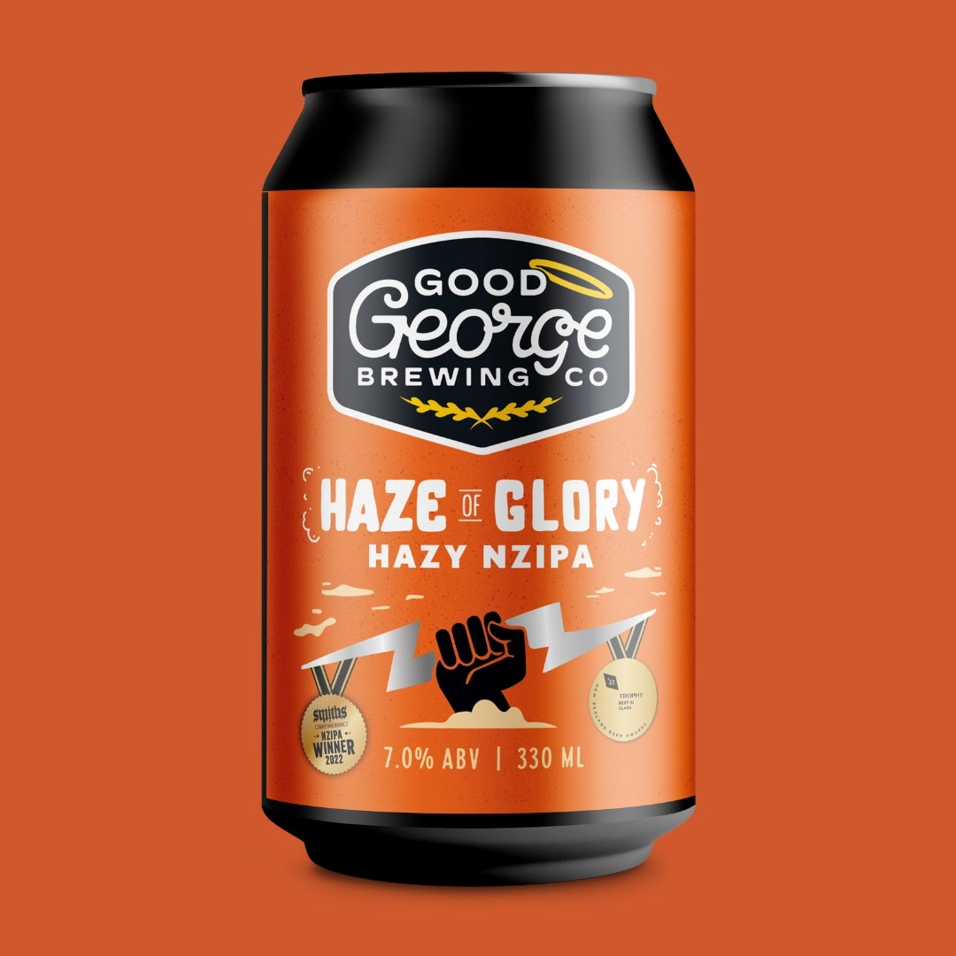 Beer can with 'Good George Brewing Co' label on an orange background
