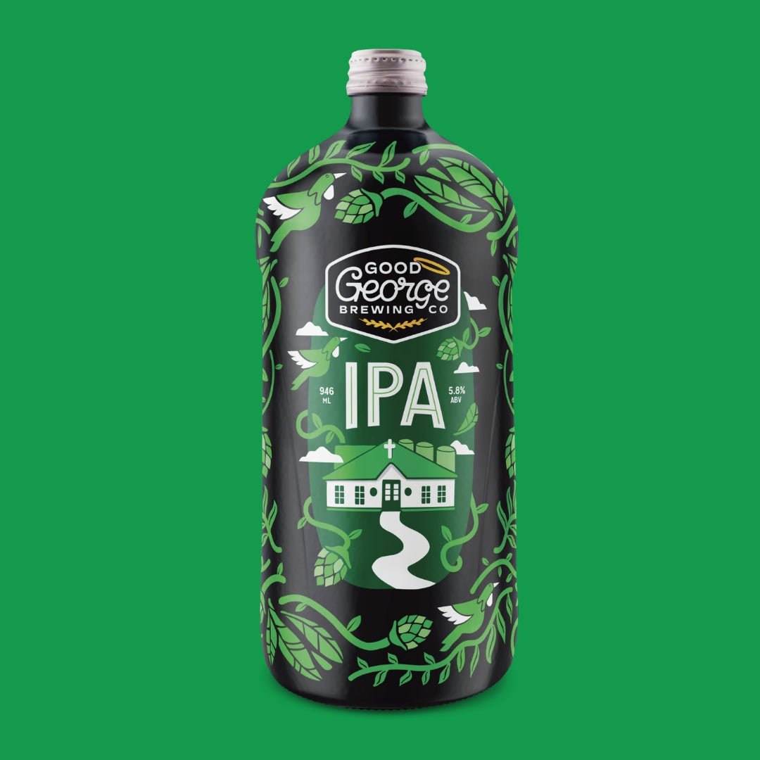 A bottle of Good George Brewing Co IPA with a black label decorated with green hops and vine illustrations, set against a solid green background.