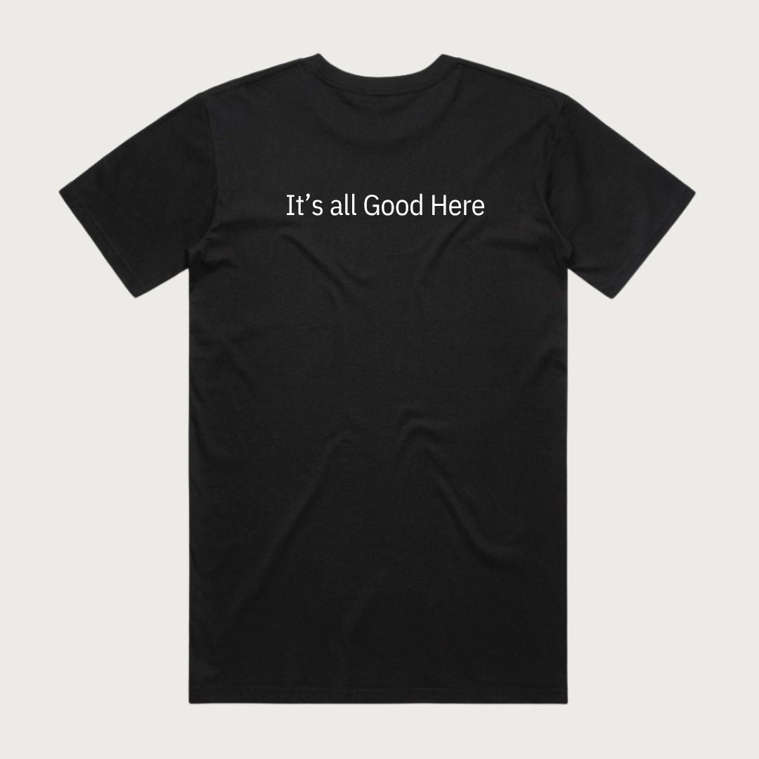 Back of the black Good George t-shirt with the slogan It's All Good Here
