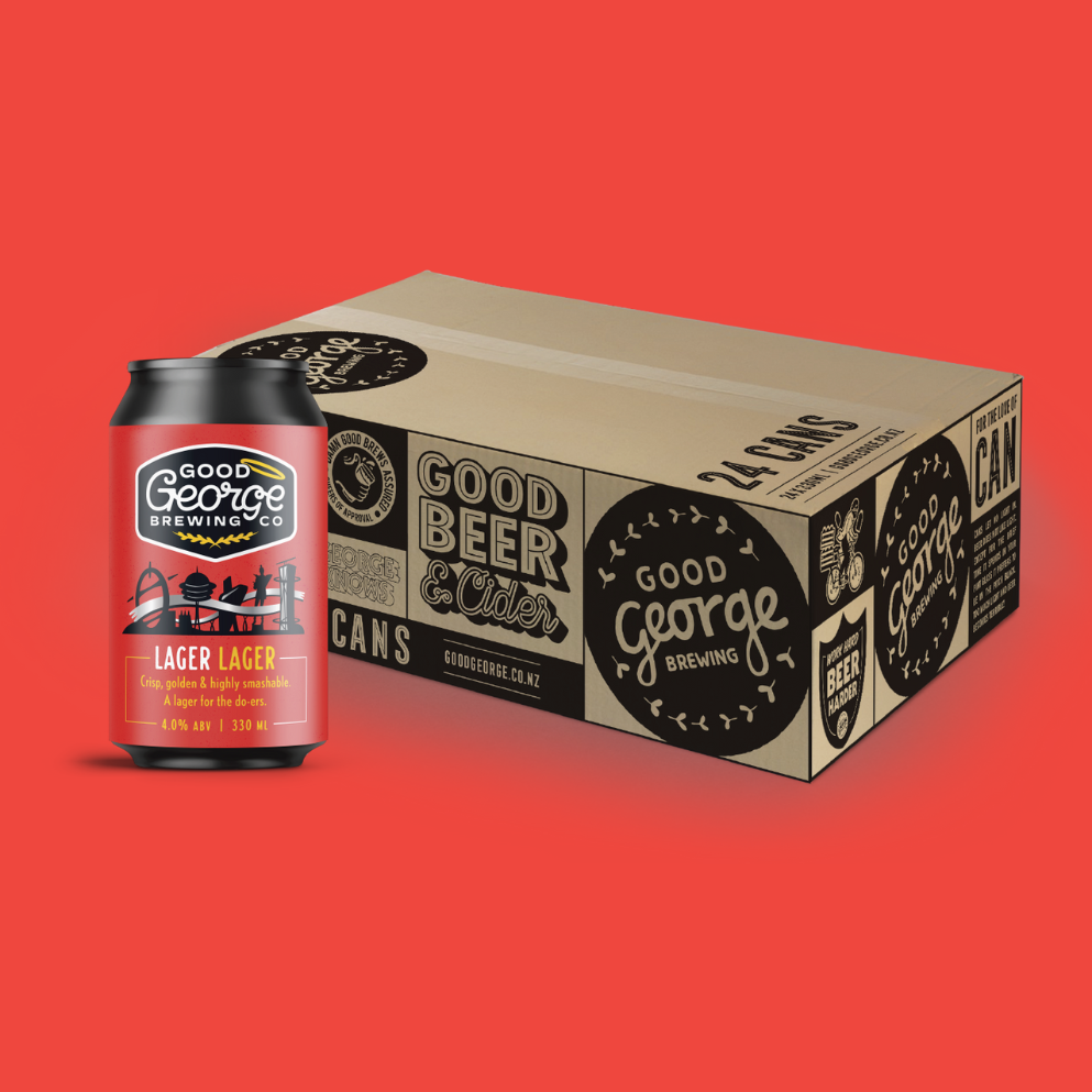 A 24 pack of Good George Brewing Company's beer cans, with a prominent red and black design on the packaging, against a red background.