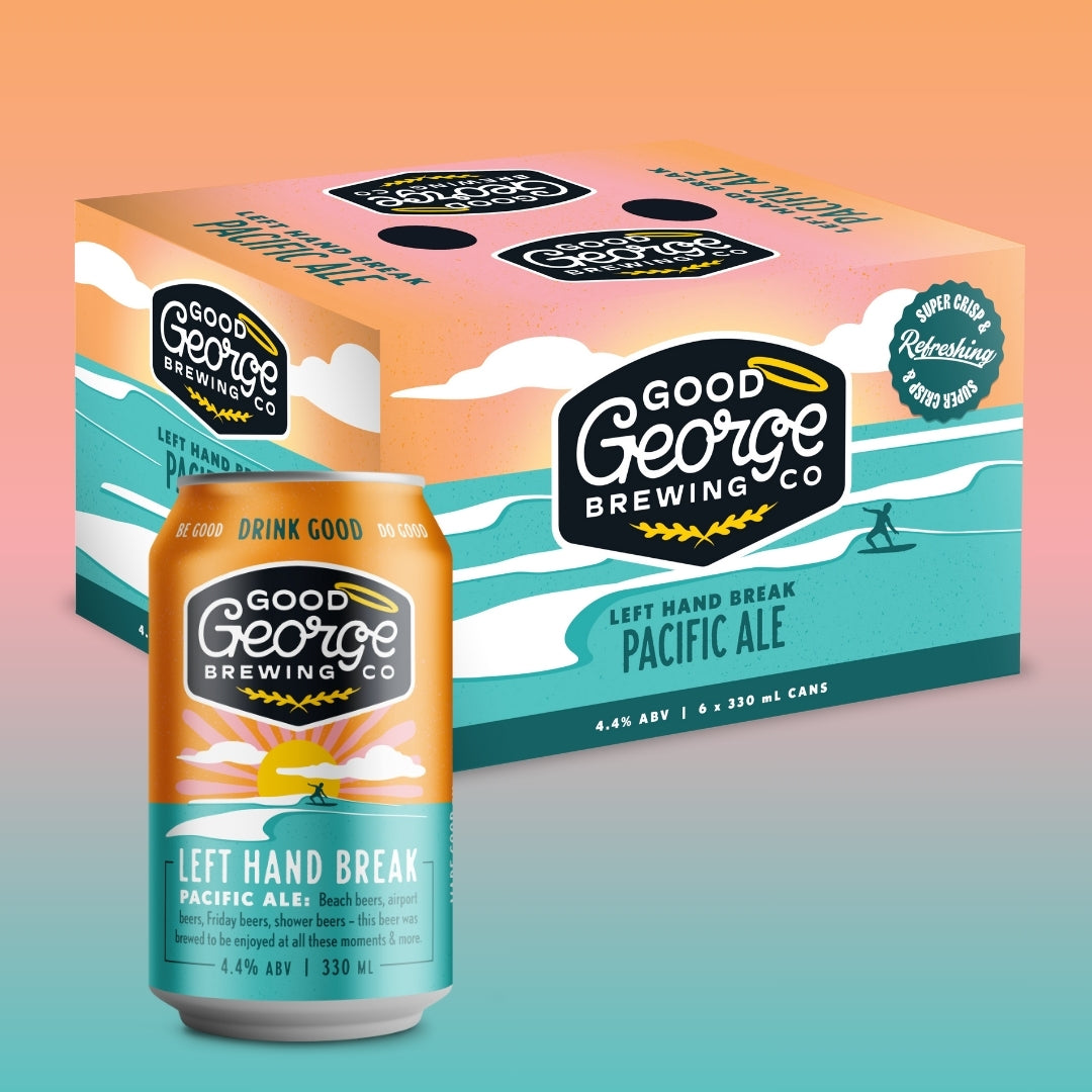 A can of Good George Brewing Co's Left Hand Break Pacific Ale with an orange and blue color scheme and a hop leaf graphic.