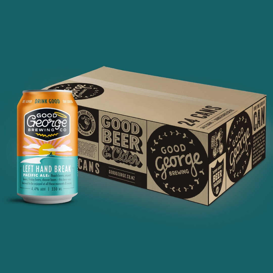 A 24-pack cardboard case of Good George Brewing Co. beer cans shown beside a single can of Left Hand Break Pacific Ale on a solid teal background.