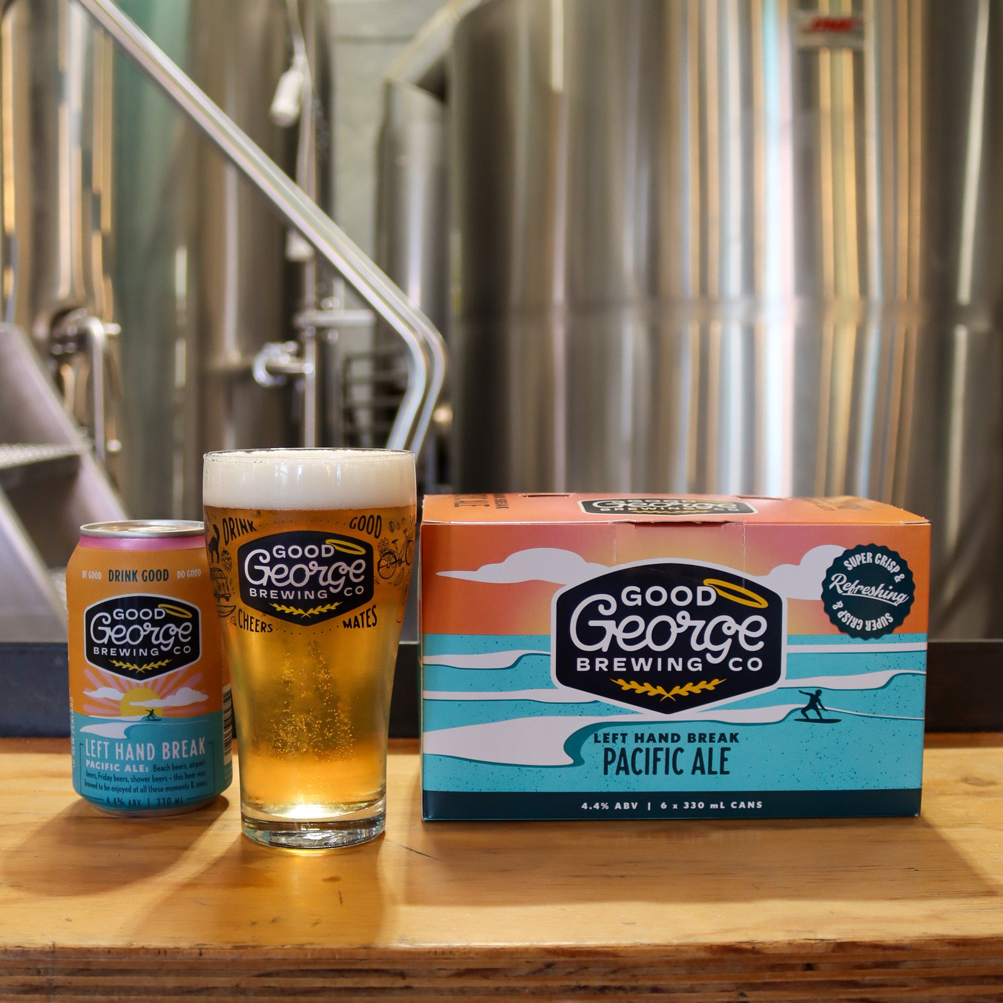 A can of Good George Brewing Co's Left Hand Break Pacific Ale Six pack and a beer being shown off in front of the brewery