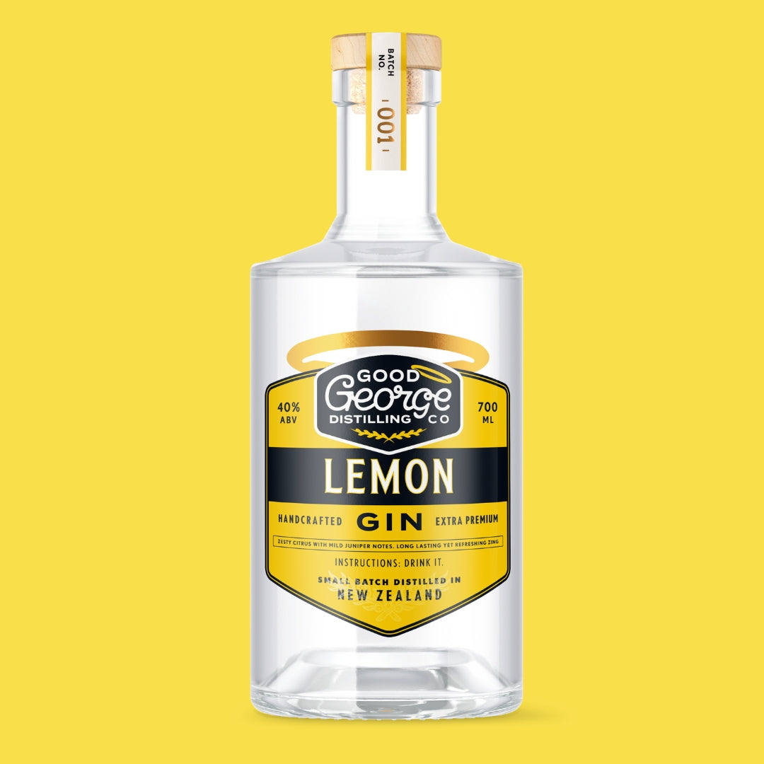 Bottle of Good George Distilling Co. Lemon Gin on a yellow background