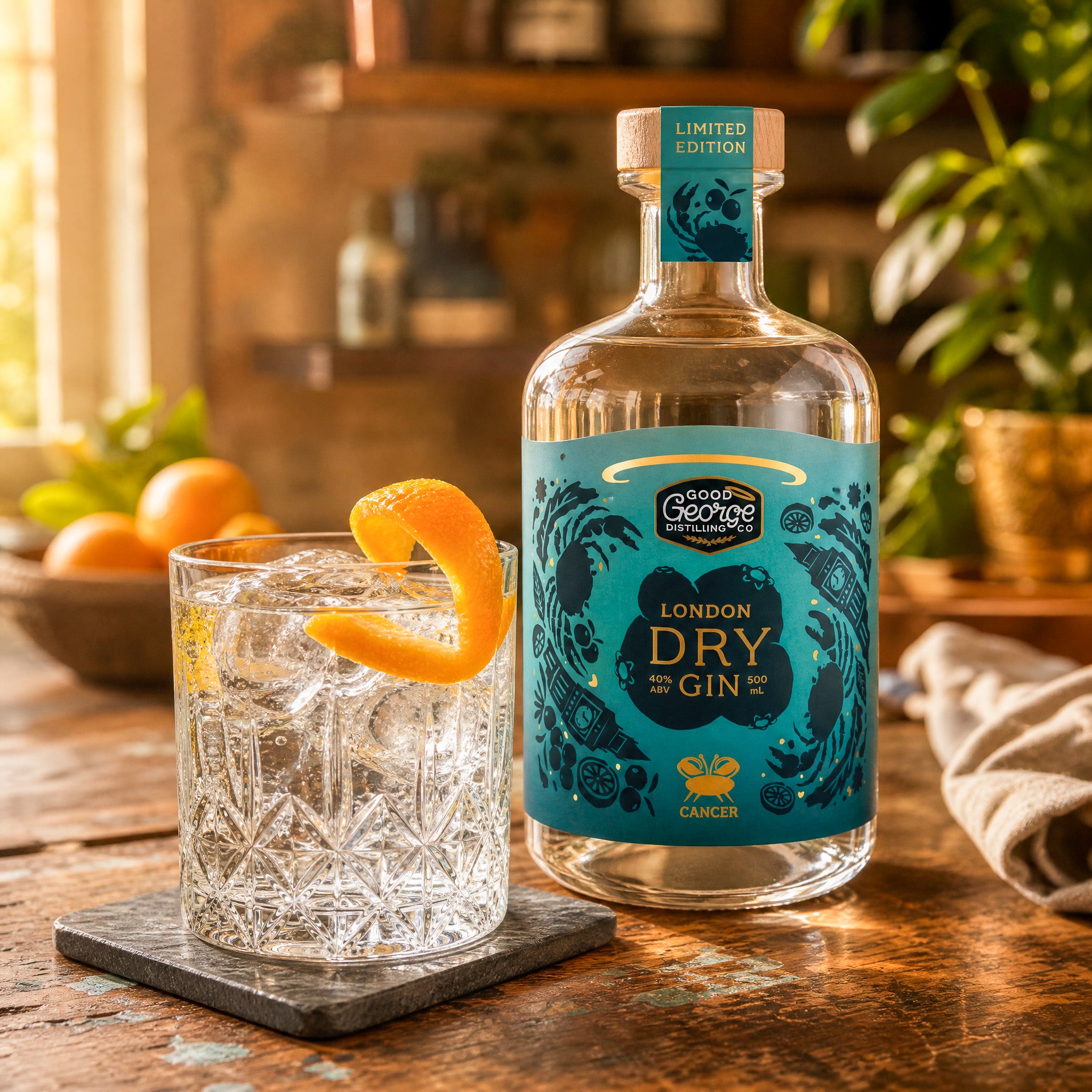 Bottle of London Dry Gin with a cocktail on a wooden table