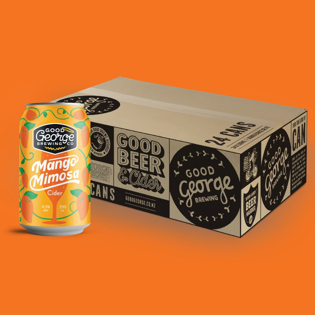Good George Mango Mimosa cider can and box on an orange background
