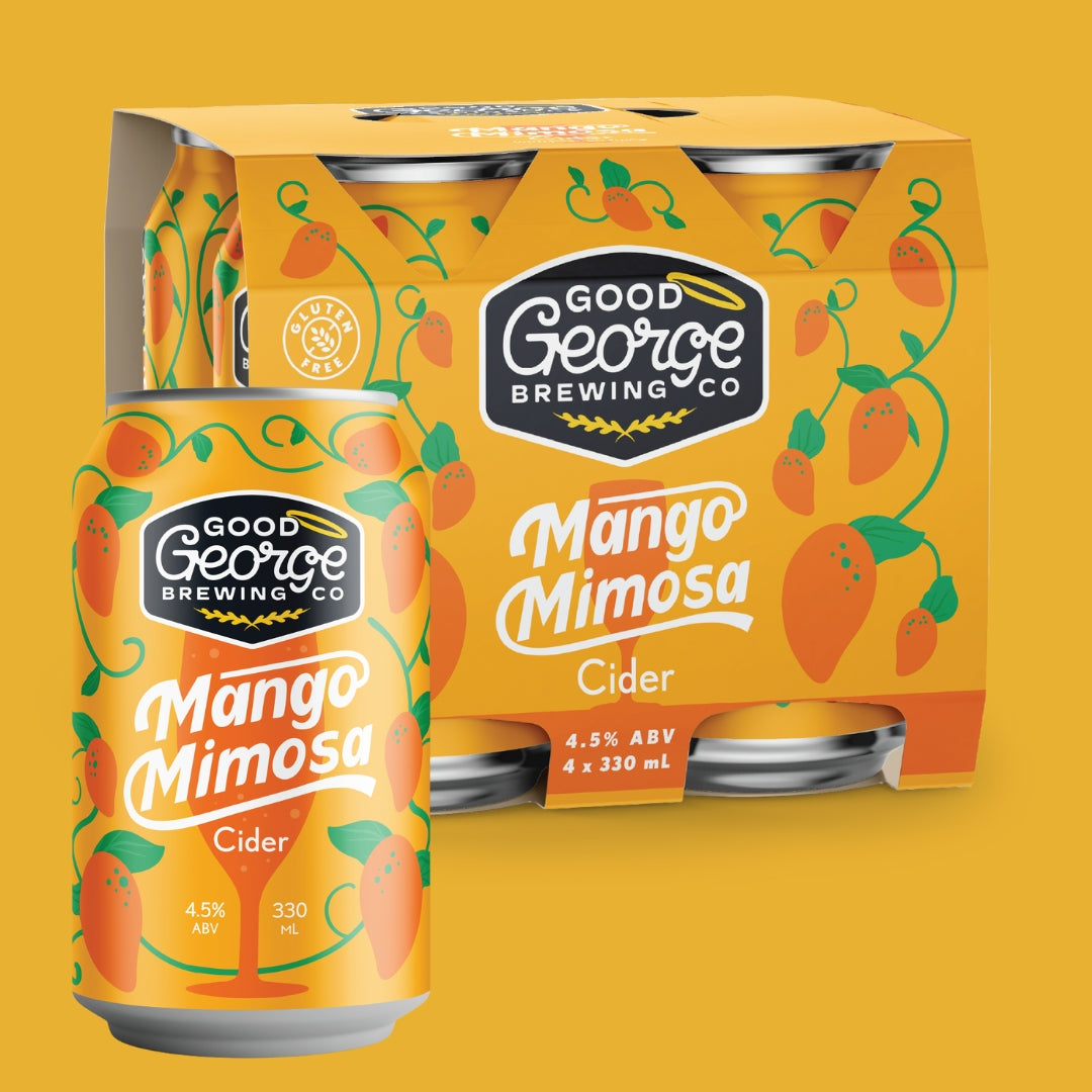 Good George Brewing Co. Mango Mimosa Cider packaging on a yellow background