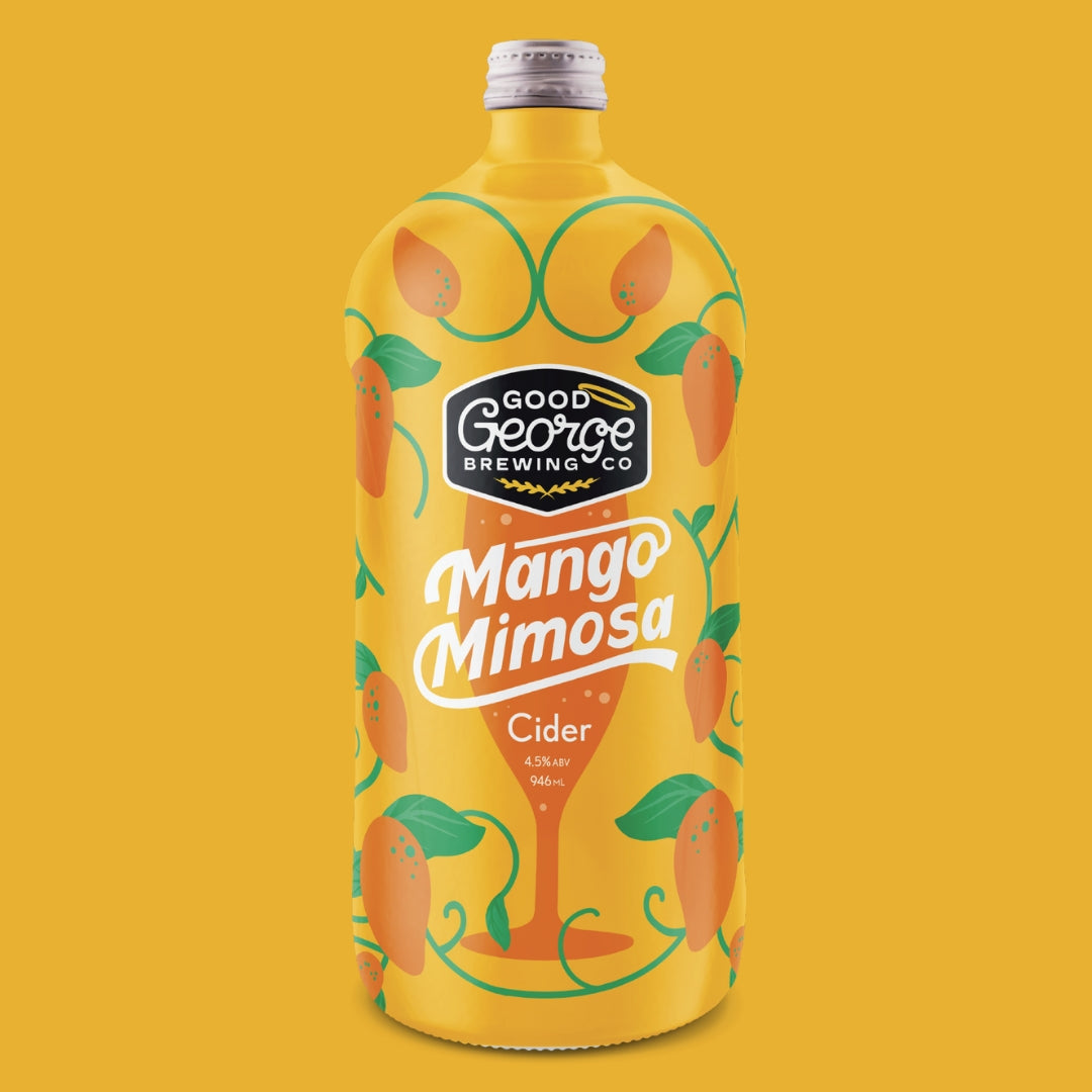 A bottle of Mango Mimosa Cider with a label featuring illustrations of mangoes and leaves, and the text 'Mango Mimosa' prominently displayed.