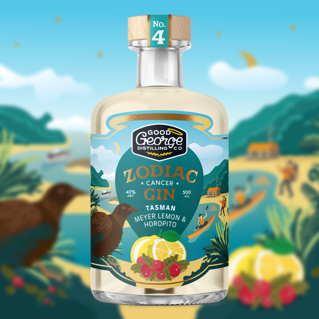 Bottle of Zodiac Cancer Gin with a scenic background