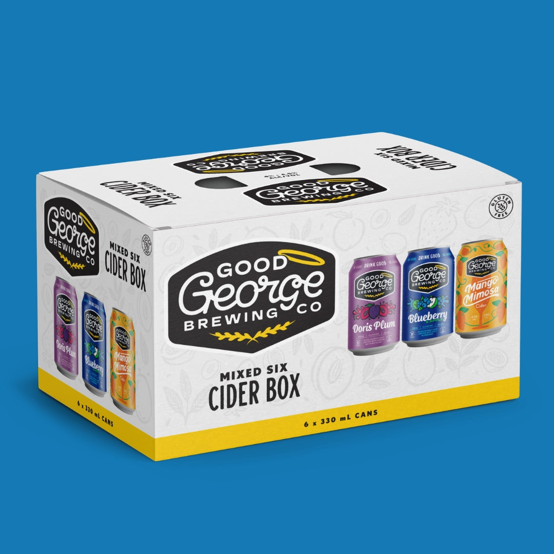 Good George Brewing Co Mixed Six Cider Box featuring three 330ml gluten-free cider cans: Doris Plum, Blueberry & Apple, and Mango Mimosa Cider, displayed against a blue background.