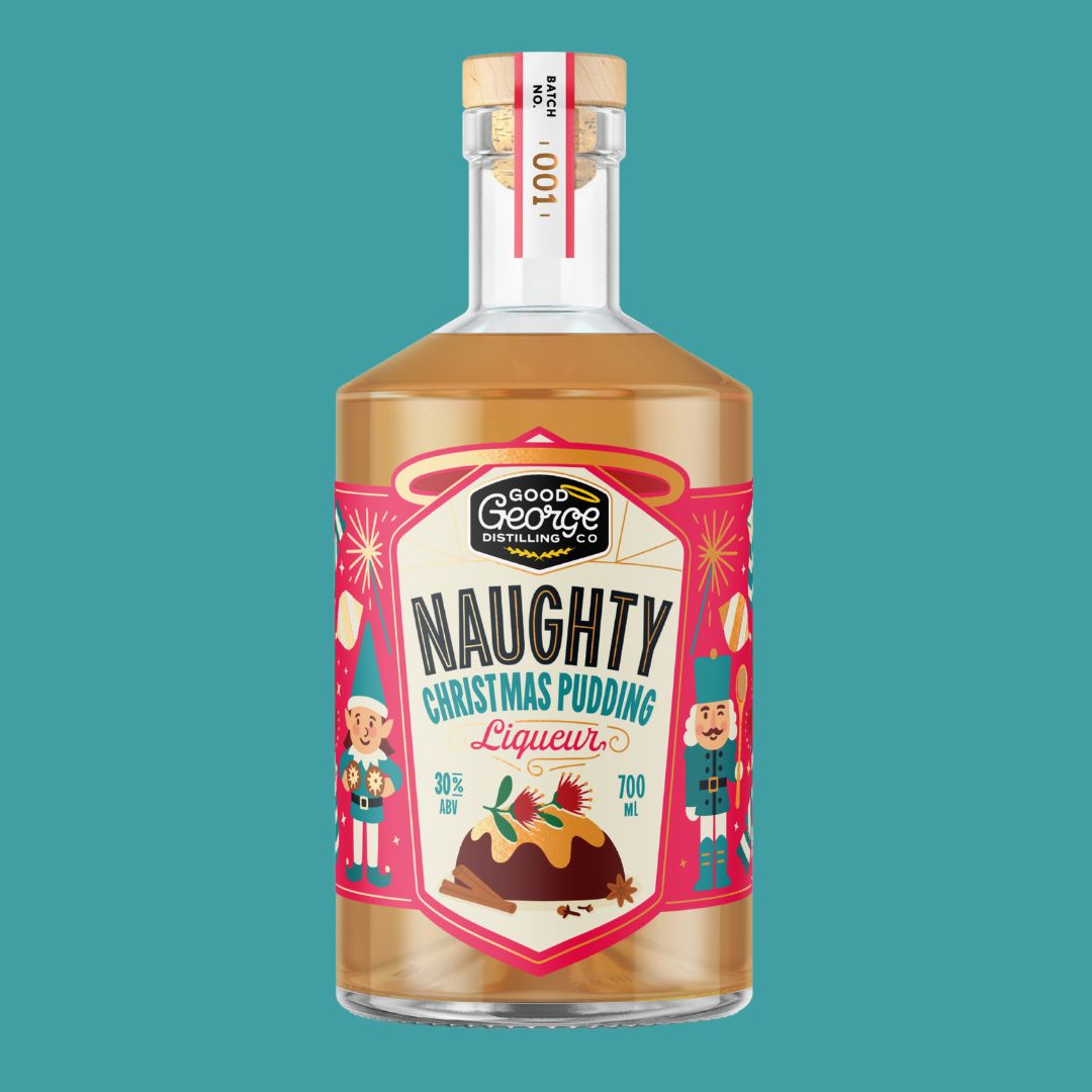 Bottle of Good George Naughty Christmas Pudding Liqueur on a teal background
