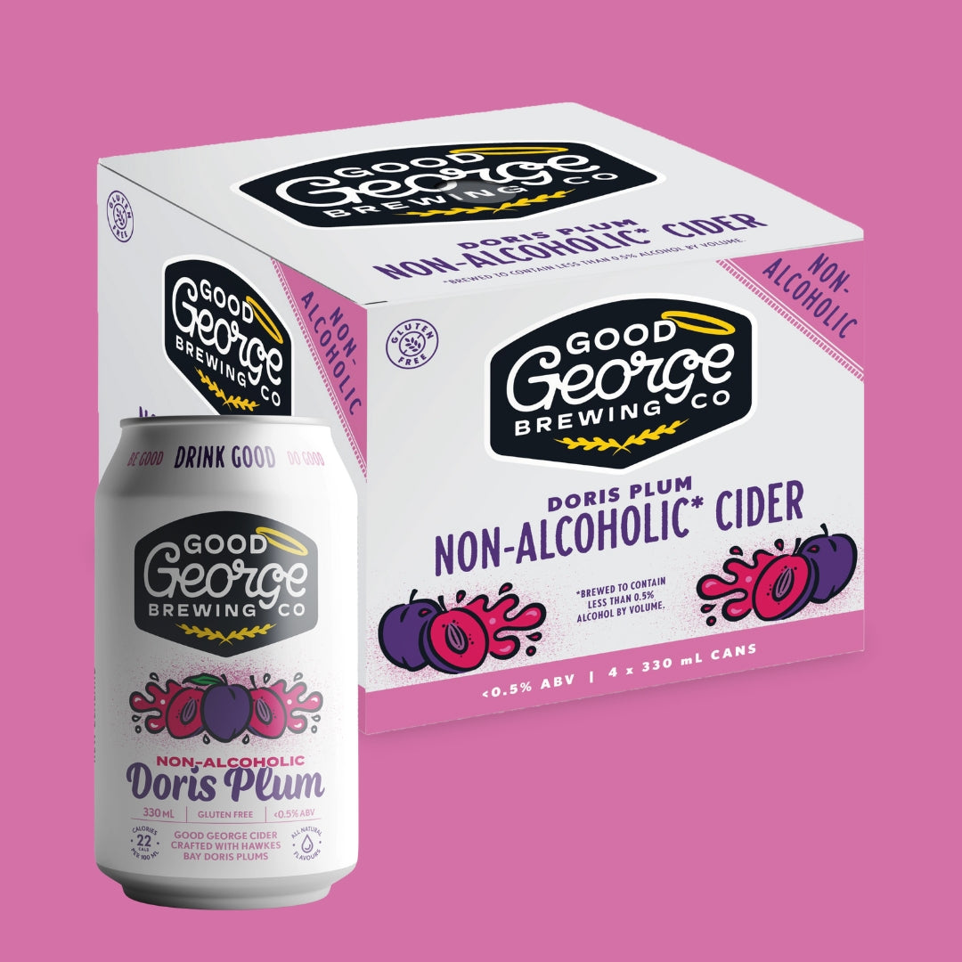 Packaging for Non Alcoholic Doris Plum Cider featuring a white background with magenta highlights, images of plums, and text detailing the product name and the fact that it is non-alcoholic.