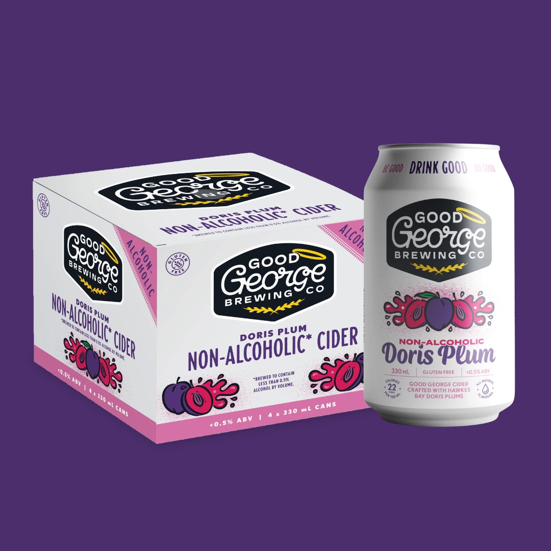 A box and a single can of Good George Brewing Co. Doris Plum non-alcoholic cider, shown on a solid purple background.
