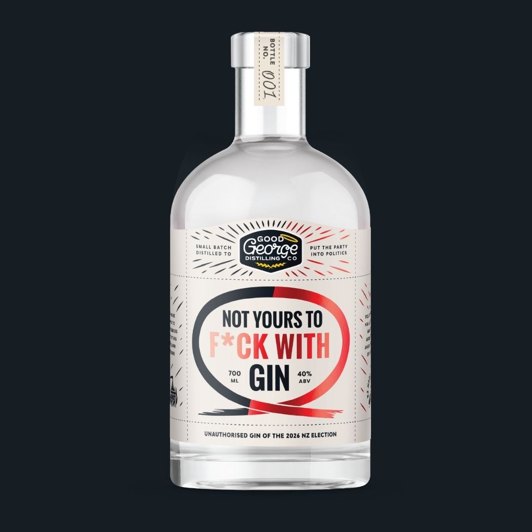 Good George Not Yours to F*ck With Gin, 700mL, cream label with a black and red loop, on a black background.