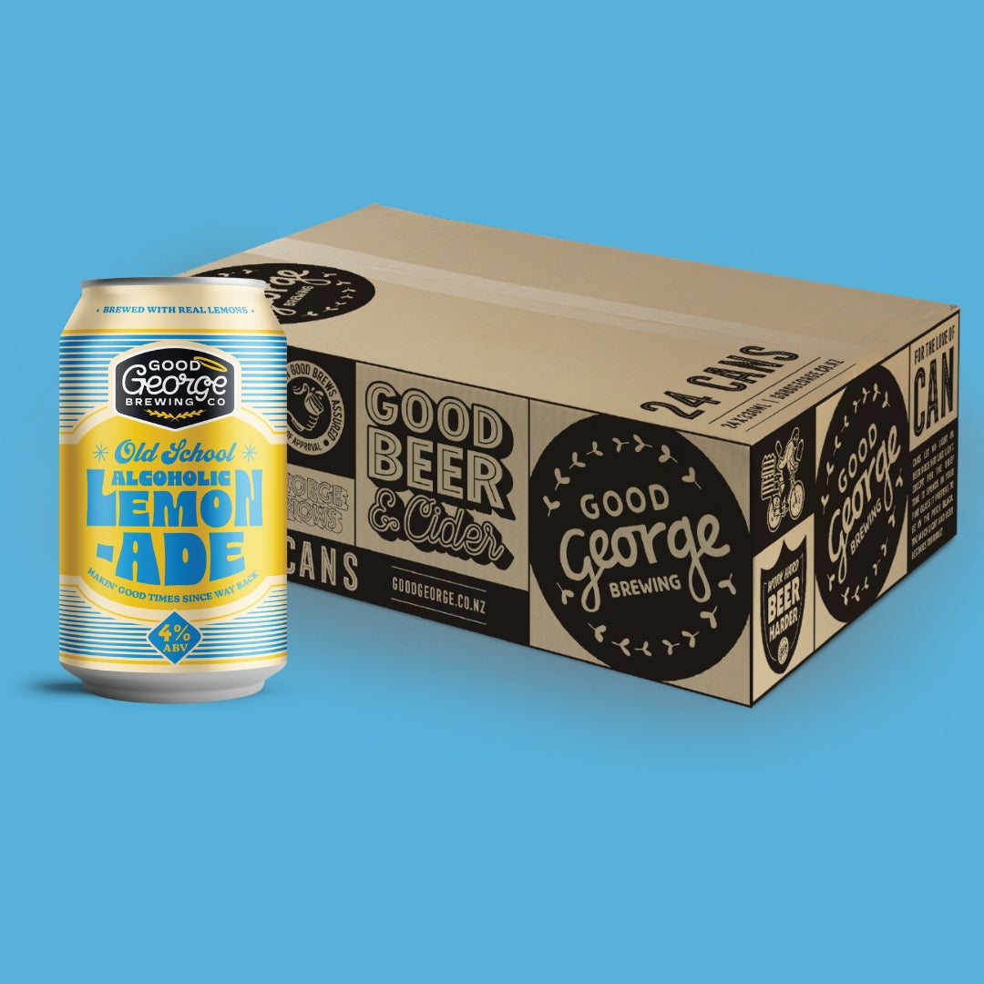 Good George Old School Alcoholic Lemon-Ade can and cardboard box on a blue background