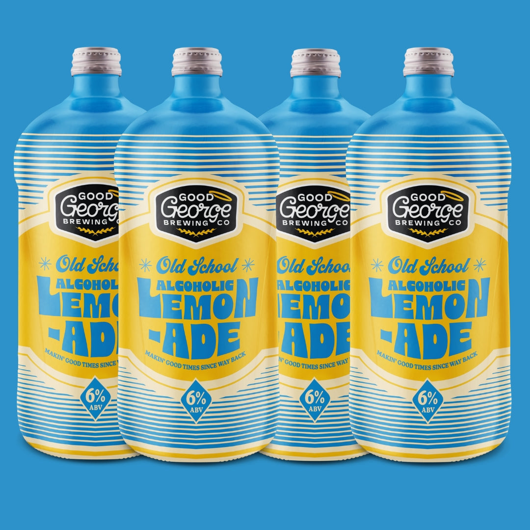 4 bottles of Good George Old School Alcoholic Lemonade with branding and lemon graphics on the label.