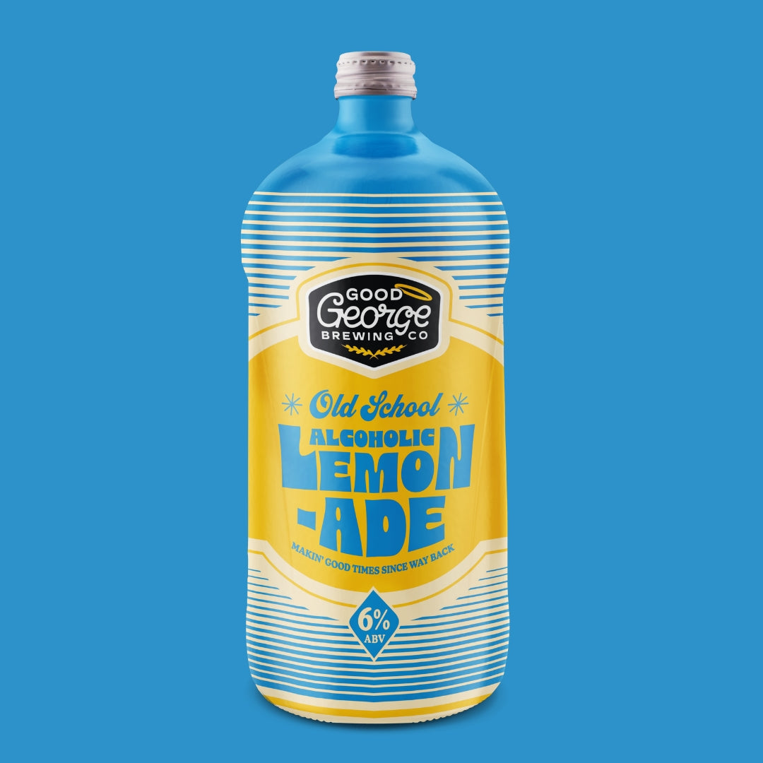 A bottle of Good George Old School Alcoholic Lemonade with branding and lemon graphics on the label.