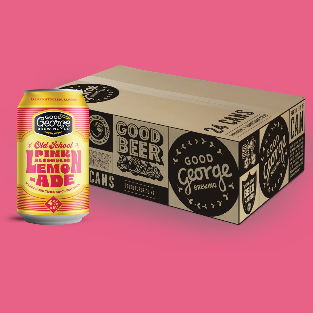 Can of Old School Pink Alcoholic Lemonade and a Good George slab packaging behind it.