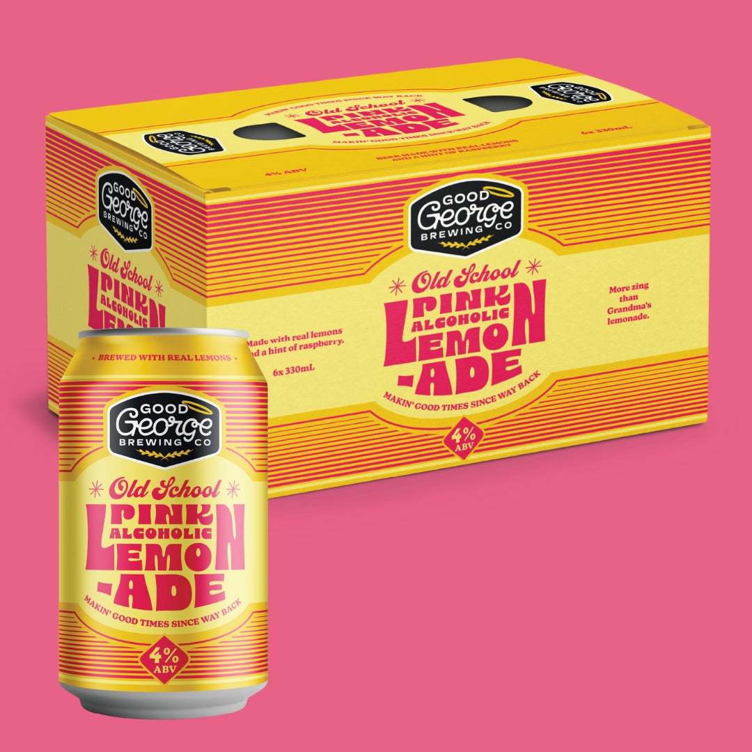 Good George Old School Pink Lemonade Can and box with Pink background