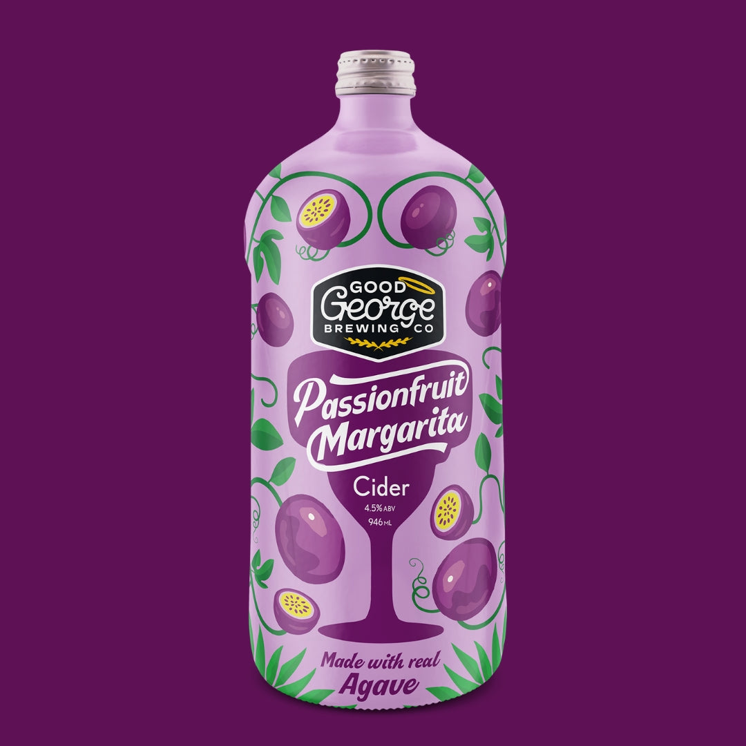 A bottle of Passionfruit Margarita Cocktail Cider with illustrations of passionfruits and a margarita glass on the label, against a purple background.