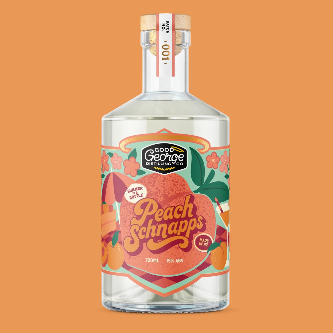 Bottle of Peach Schnapps with a colorful label on an orange background