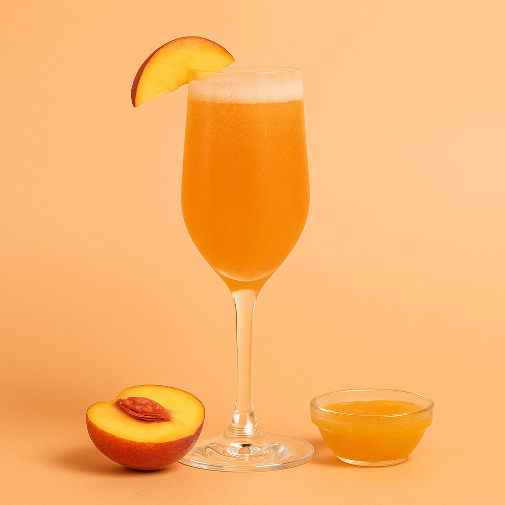 Glass of peach-themed drink with a slice of peach on an orange background