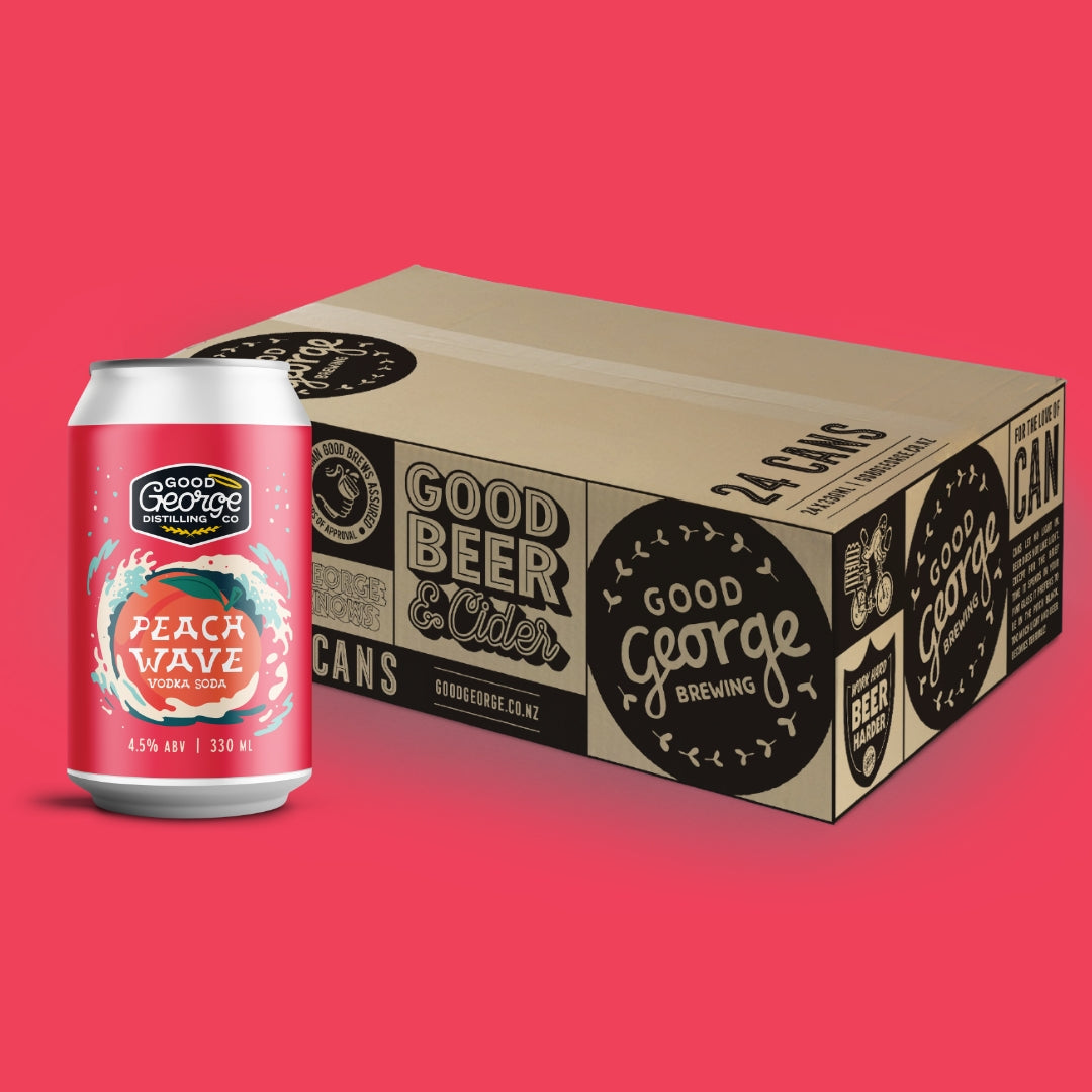 Good George Peach Wave can and cardboard box on a red background