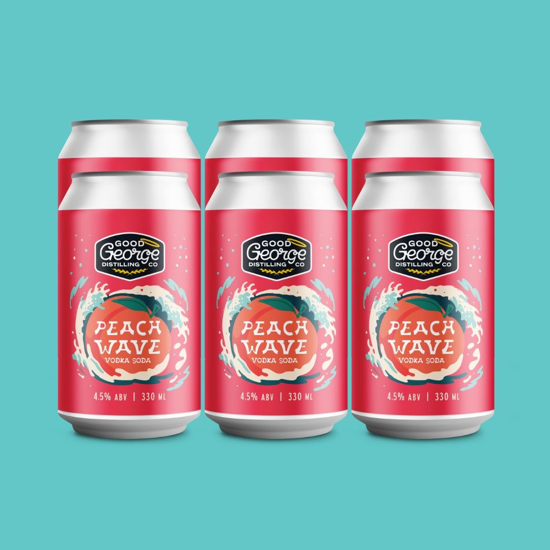 Three cans of Good George Peach Wave Non-Alcoholic Soda arranged side by side on a solid teal background.