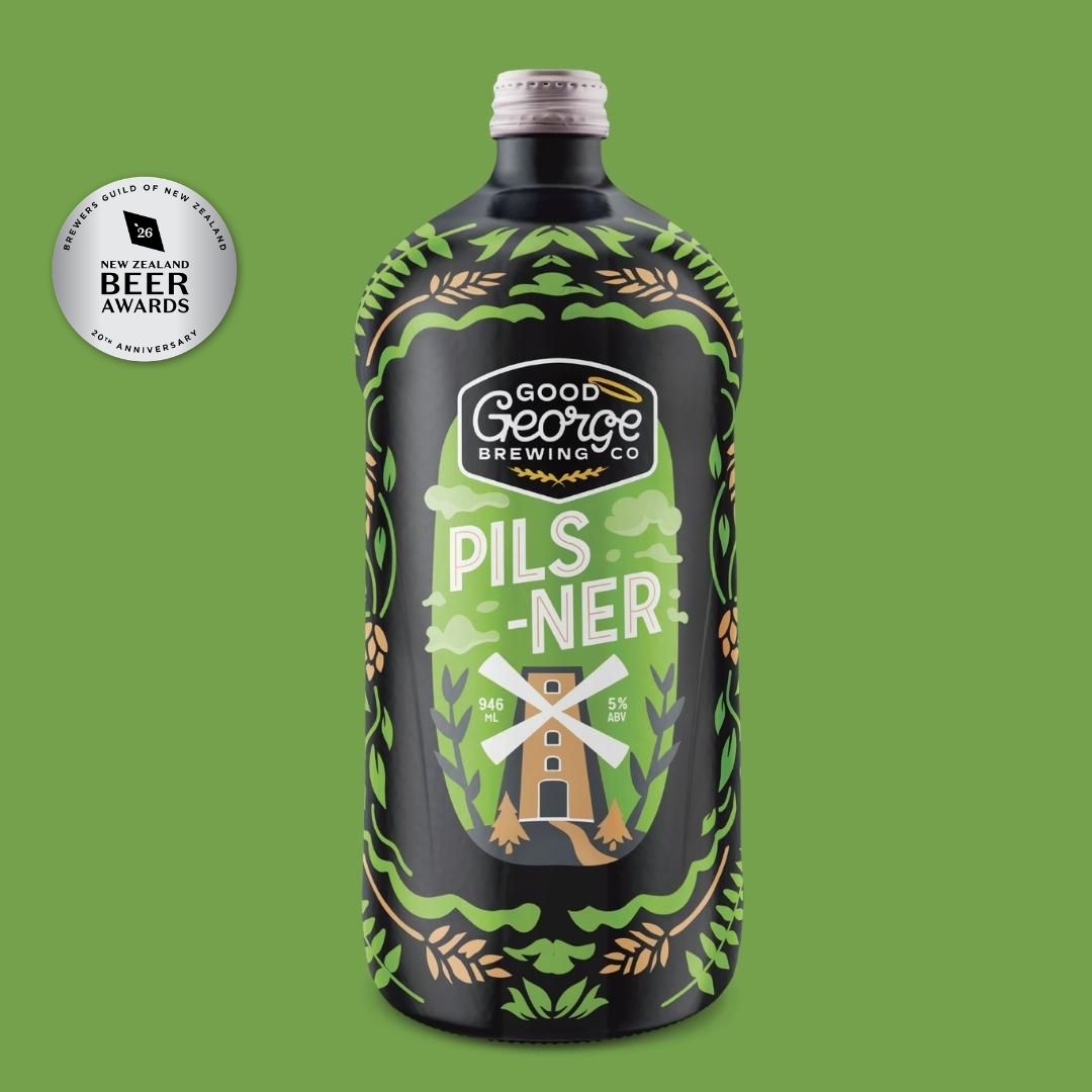 A bottle of Good George Brewing Co. Pils-Ner beer on a solid green background, featuring a black label with green botanical patterns and a silver cap.