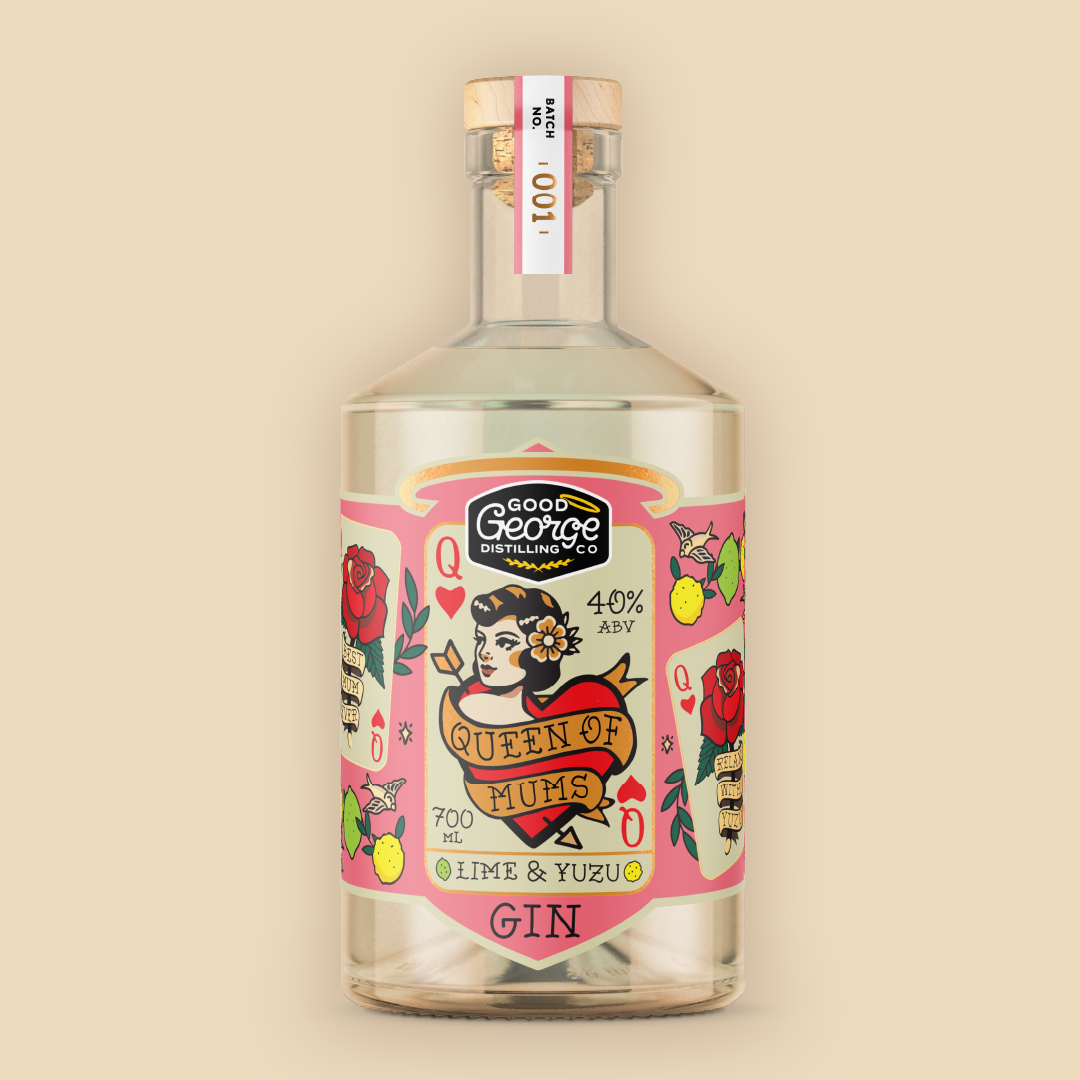 A bottle of Queen of Mums Lime & Yuzu Gin with a label featuring floral designs and a heart motif.
