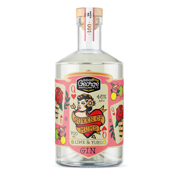 A bottle of Queen of Mum's Lime and Yuzu Gin with decorative elements on the label.