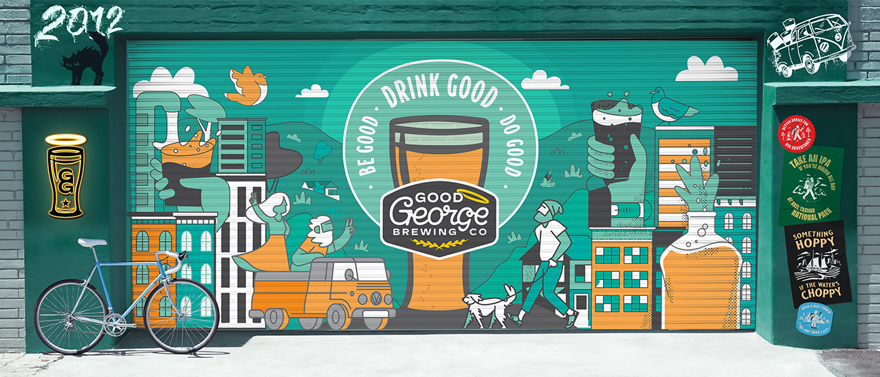 Mural on a building facade with 'Good George Brewing Co.' branding and illustrations.