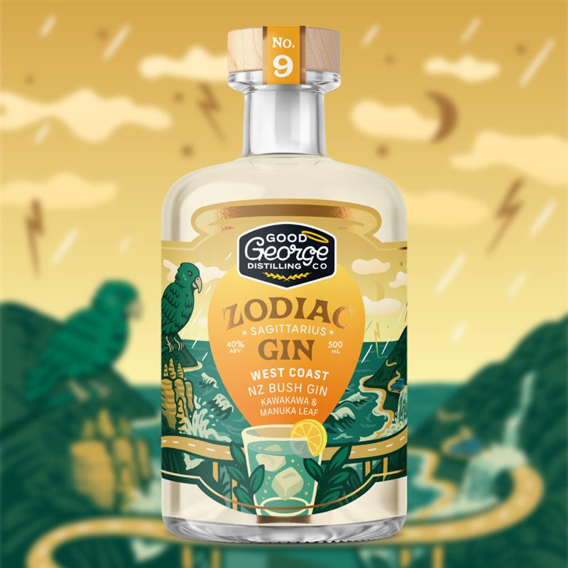 Bottle of Good George Distilling Co. Zodiac Gin with a colorful label on a blurred natural background