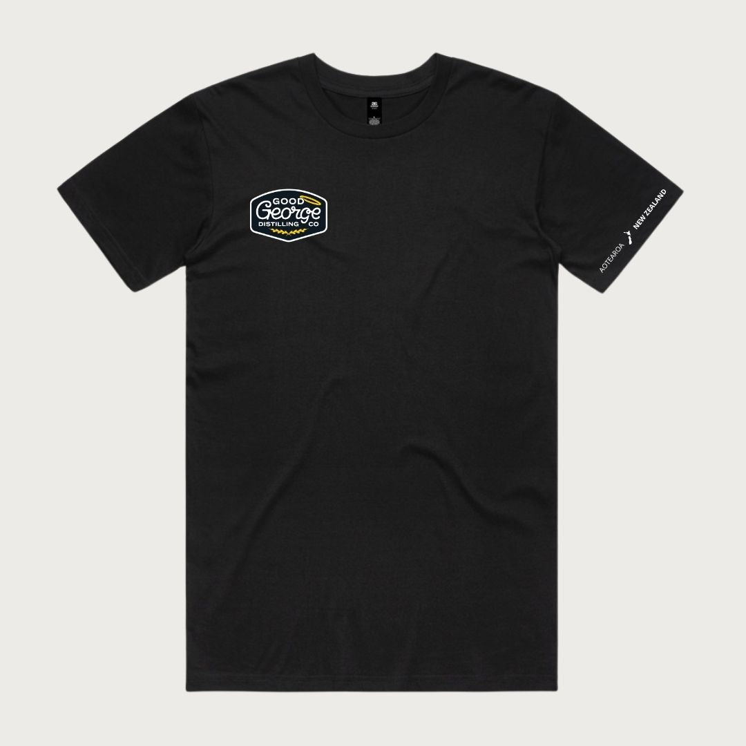 Black Good George Distilling Co t-shirt with the distilling badge on the chest and Aotearoa New Zealand on the sleeve