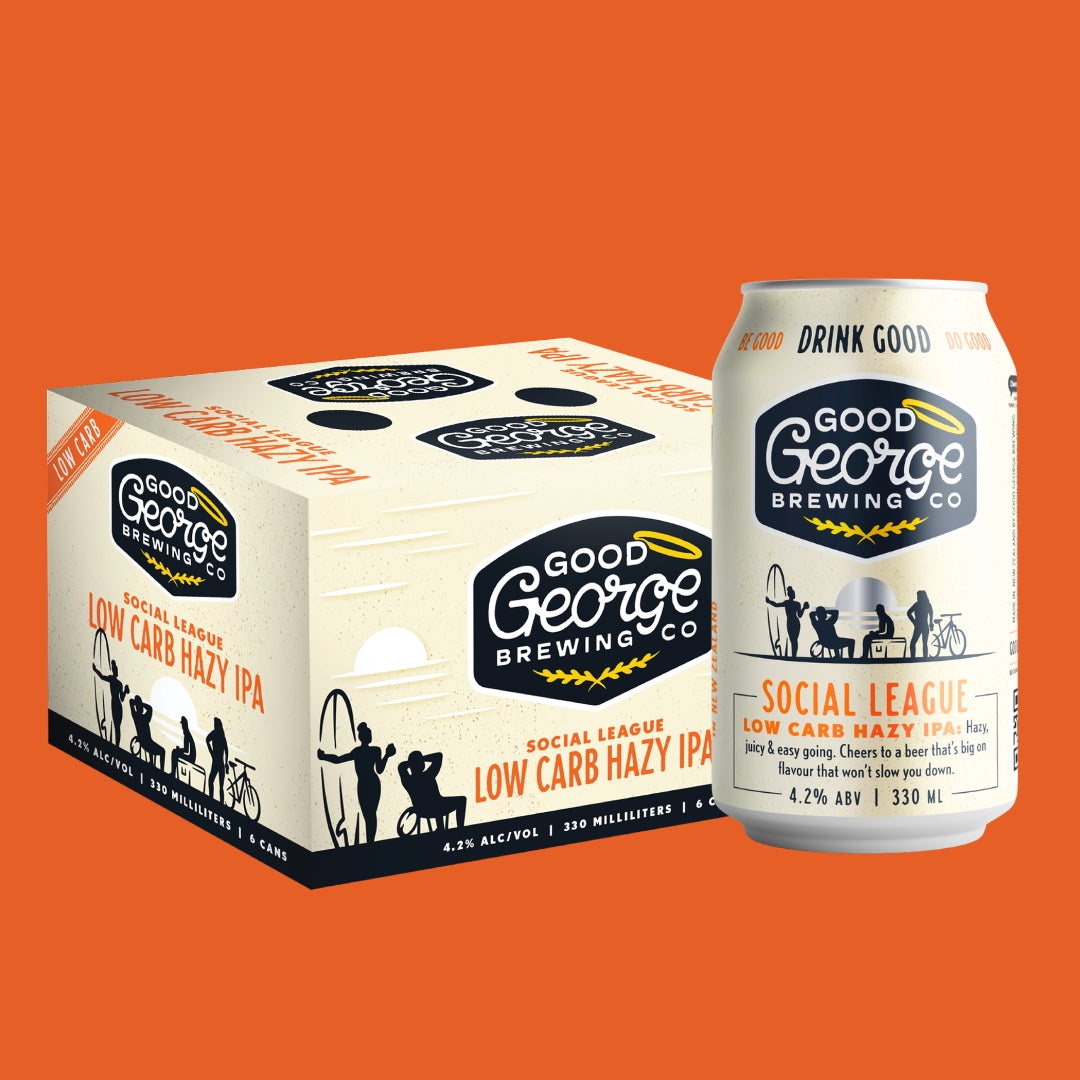 A 6 pack cardboard box and a single aluminum can of Good George Brewing Co. Social League Low Carb Hazy IPA, shown on a solid orange background.