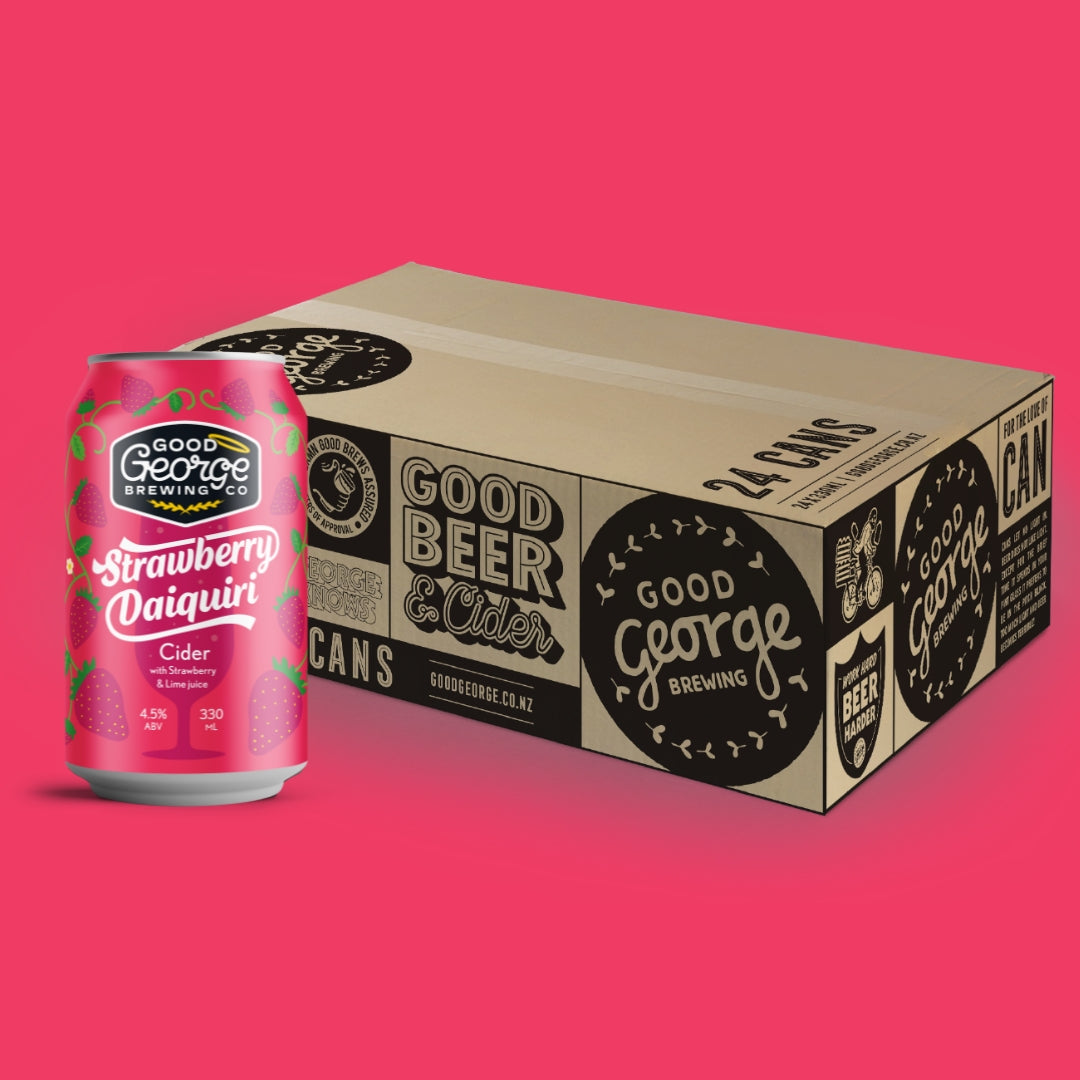 Good George Strawberry Daiquiri cider can and box on a pink background