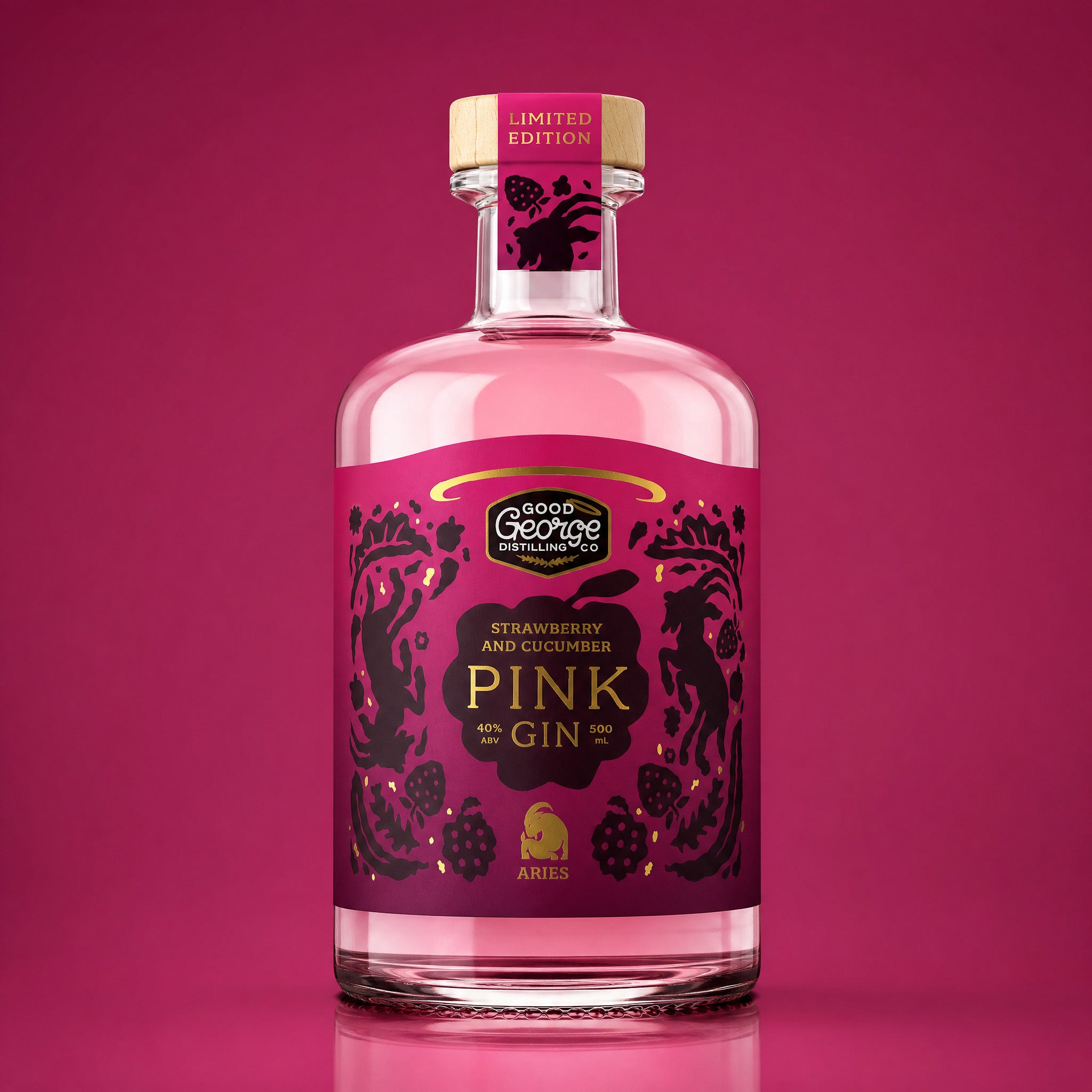 Pink gin bottle with a decorative label on a pink background