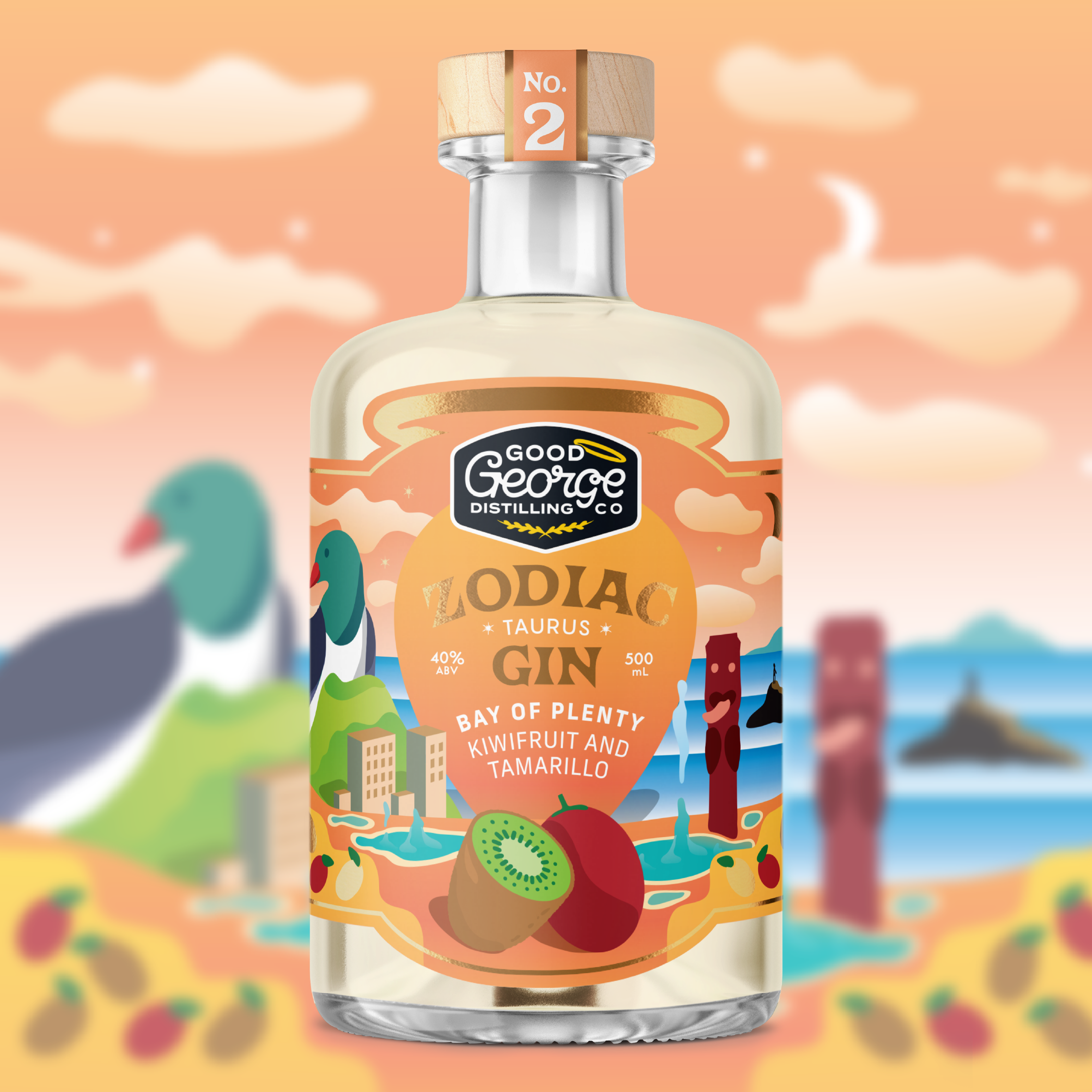 A bottle of Taurus Kiwifruit and Tamarillo Gin 500ml with a label featuring illustrations of a kiwifruit and tamarillo, hot springs, and a cityscape. The background is a vibrant depiction of a sunset or sunrise scene with birds flying.
