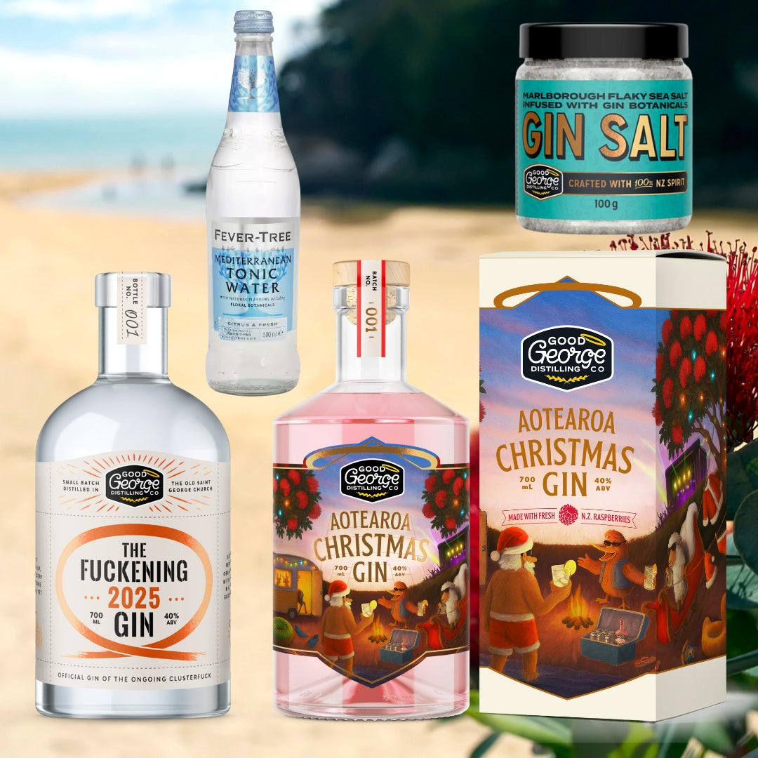 Collection of gin bottles and packaging with a beach background