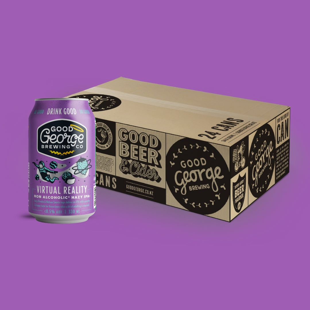 A can of Good George Virtual Reality Non-Alcoholic Hazy IPA with Good George slab packaging in the background