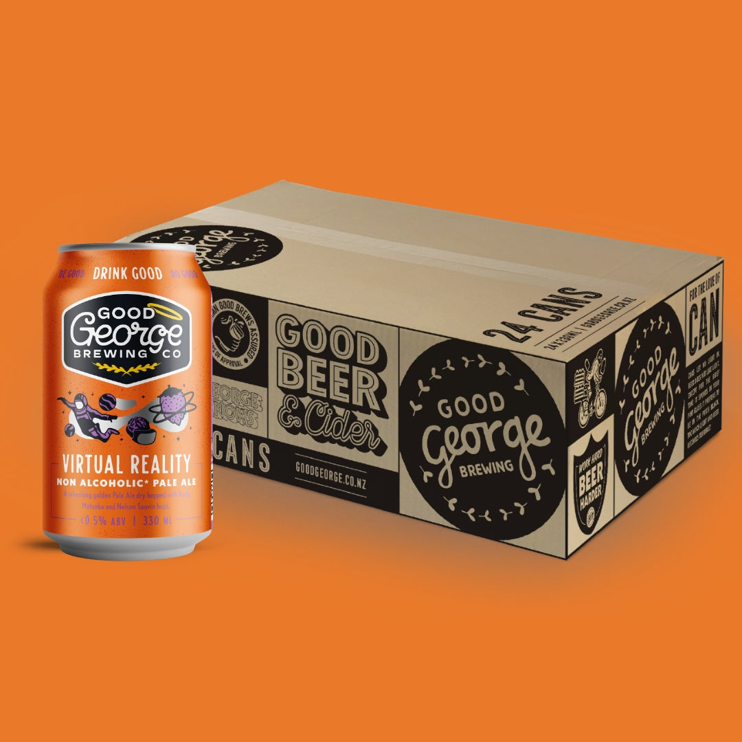A 24-pack cardboard box of Good George Brewing Co. canned beer sits on a solid orange background, with one orange can in front showing the label 'Virtual Reality' and 'Non-Alcoholic Pale Ale'.