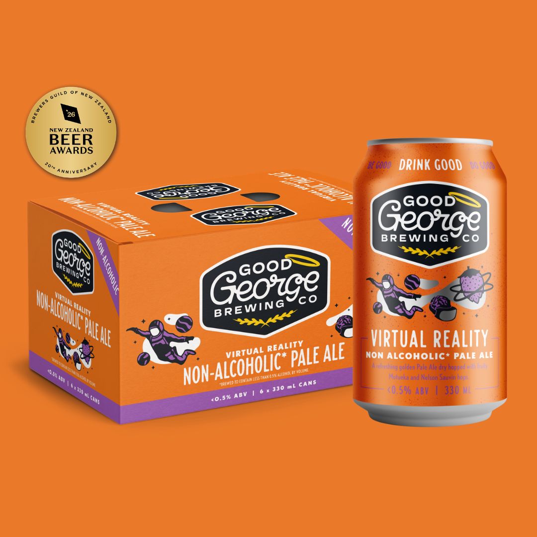 A 6-pack cardboard box and a single aluminum can of Good George Brewing Co. non-alcoholic pale ale, shown on a solid orange background with a gold Best of Beer Awards seal in the upper left.