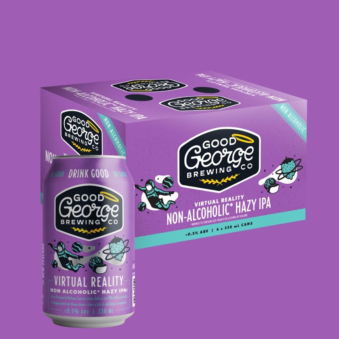 A product image featuring a case of 6 cans of Good George Virtual Reality Non-Alcoholic Hazy IPA, with individual cans visible. The packaging is predominantly purple with illustrations of hops and text detailing the product.