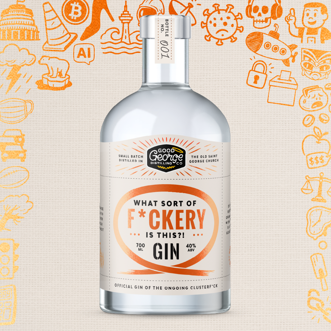 Bottle of gin with a humorous label on a background with various icons.