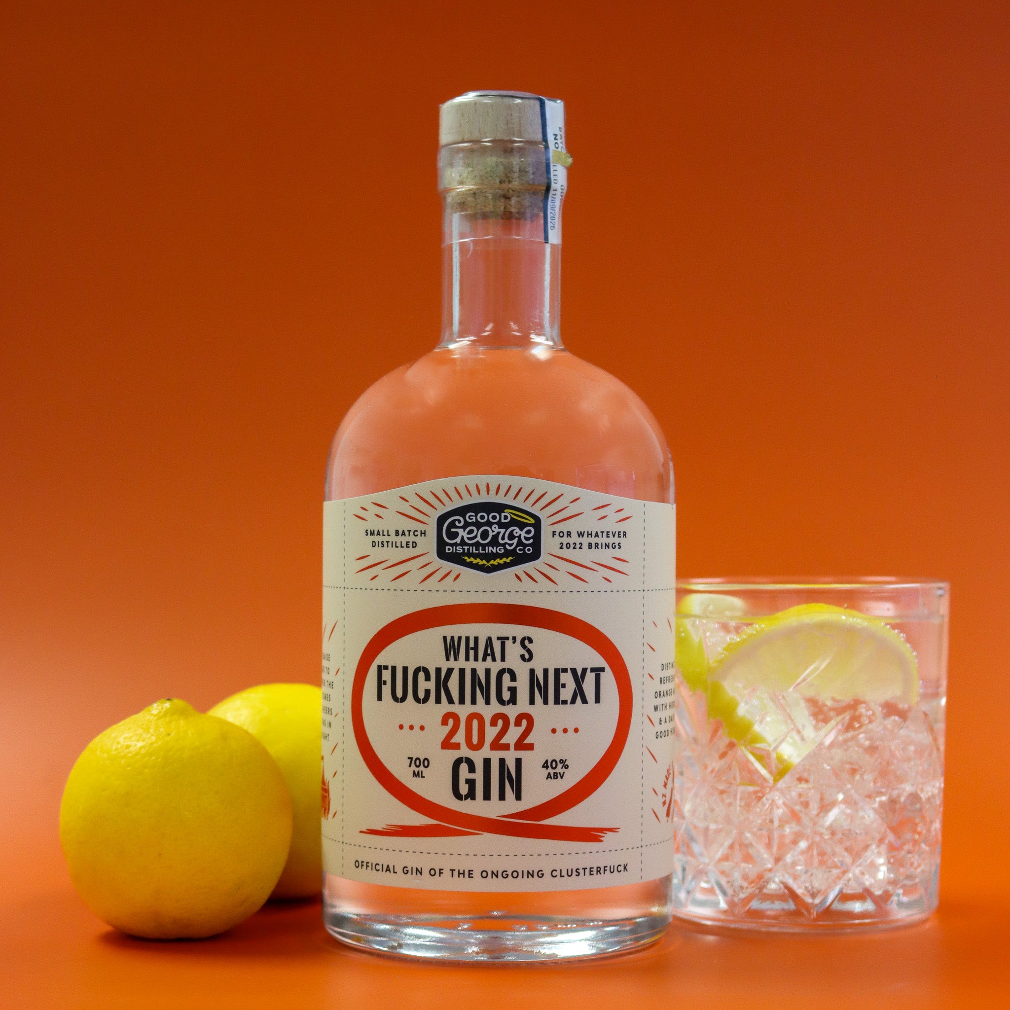 Bottle of 'What's Fucking Next 2022 Gin' with a glass of gin and tonic on an orange background