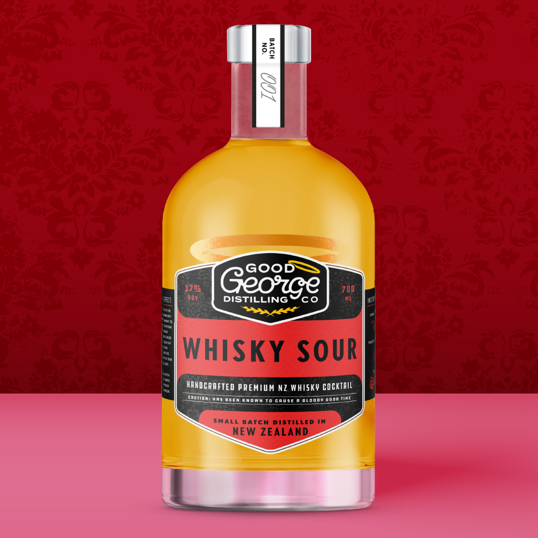 A bottle of Good George Whisky Sour with a yellow label, featuring text about the product being a handcrafted cocktail made with 5 year old NZ Single Malt Whisky.
