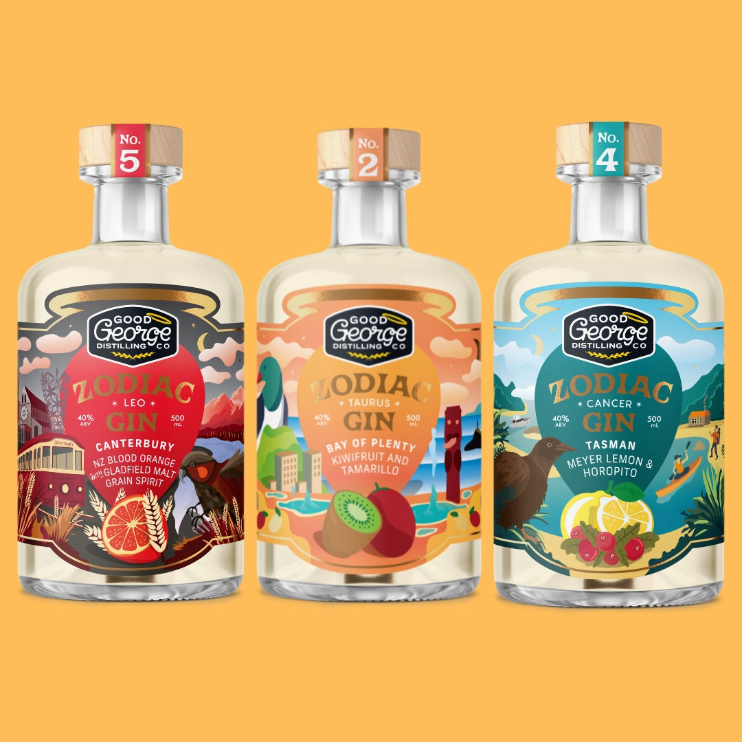 Three bottles of Good George Zodiac Gin with colorful labels on a yellow background