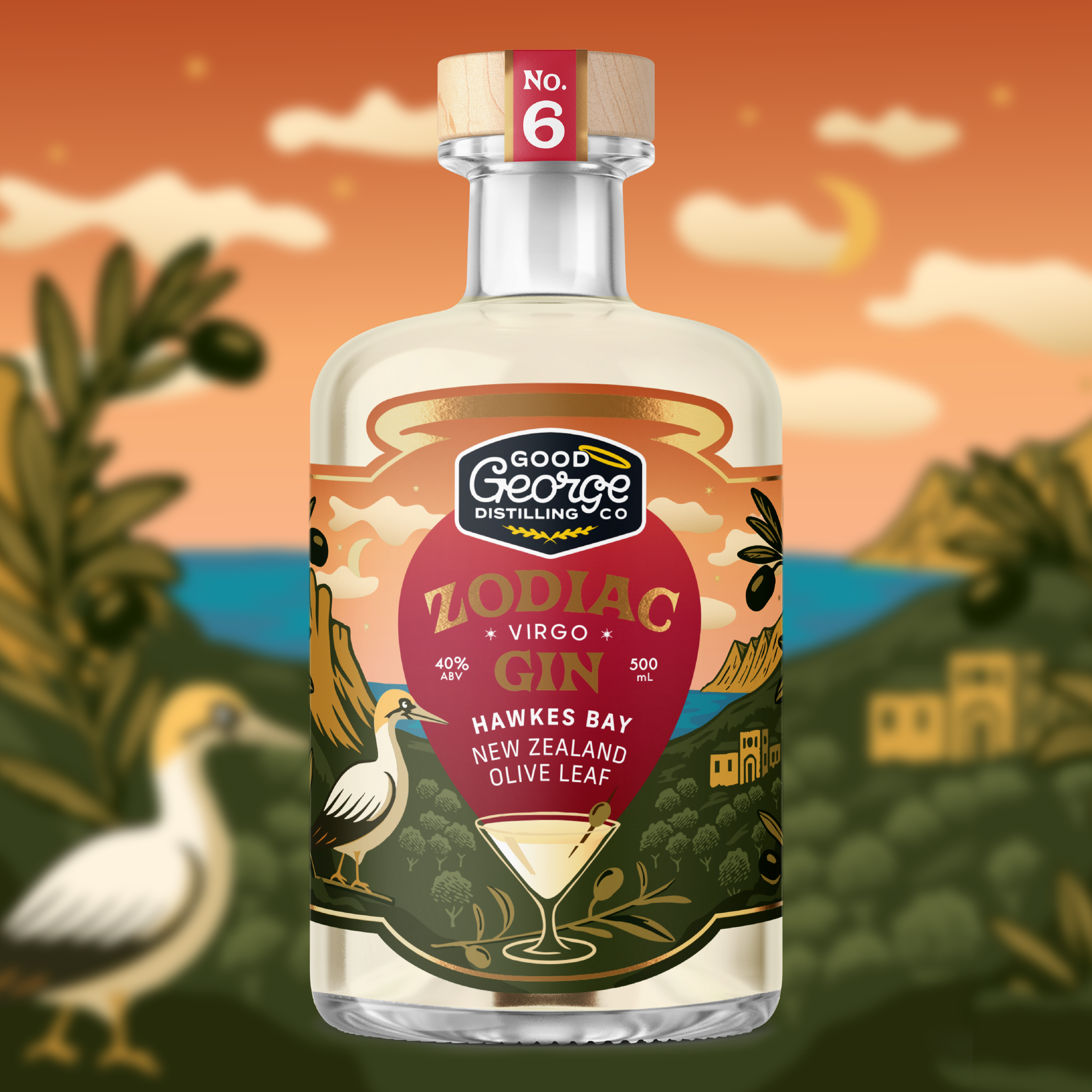Bottle of Zodiac Virgo Gin with a scenic background