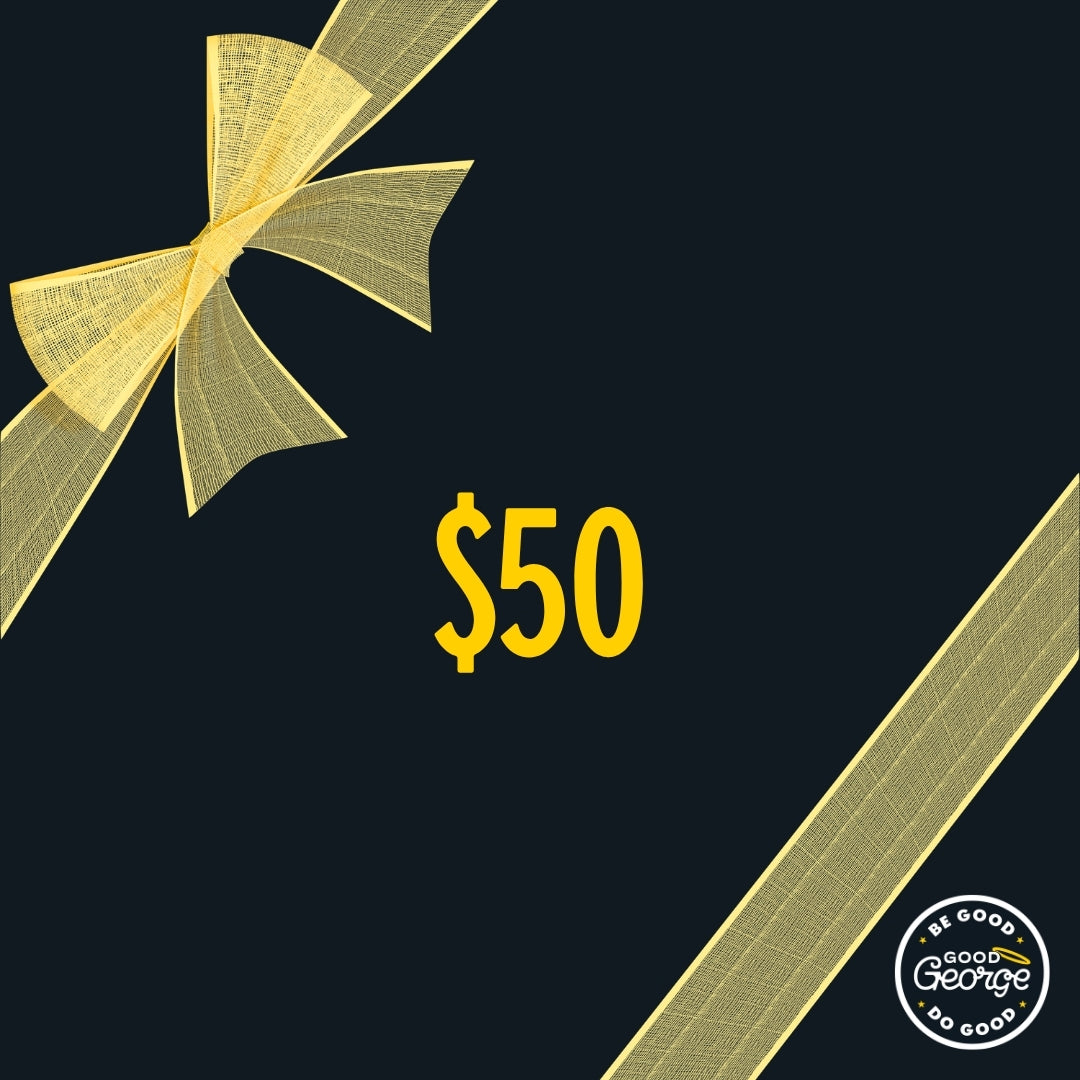Gift card with a yellow bow and 'Be Good George' logo on a black background